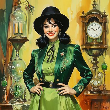 score_9, score_8_up, score_7_up, style of Basil Gogos, solo, 1girl, smiling, black hair, hour glass figure, makeup, wearing a layered green blouse, dress, jacket, hat, elegant, fantasy, vibrant colors, masterpiece, detailed,