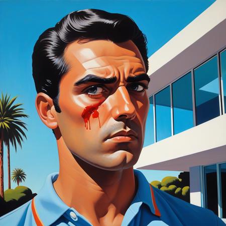 devastatingly handsome Miami blood spatter analyst in a polo shirt, thick dark eyebrows, close-set eyes with thick lashes, bedroom eyes that are completely empty and soulless, European nose, angular face with square jaw, perfect proportions, standing and looking directly at viewer with intense Kubrick stare, head tilted slightly down while eyes look up, unsettling fixed gaze with no emotion behind the eyes, handsome facade masking complete emptiness,, vibrant acrylic painting style, bold flat colors, clean geometric compositions, bright California sunlight, crisp shadows, modernist architecture, swimming pool blue tones, perfectly manicured landscapes, mid-century modern aesthetic, saturated color palette, smooth gradients, minimal detail work, contemporary pop art influence, architectural precision, optimistic 1960s atmosphere,