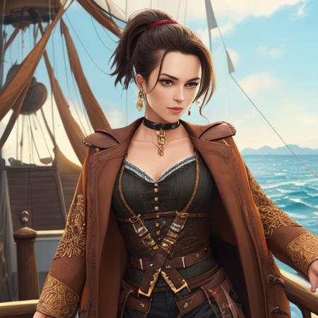 a closeup of an attractive female pirate captain with a (windswept ponytail) wearing a (full length intricately detailed pirate coat:1.2) (on a sinking pirate ship:1.2), masterpiece, best quality, belts, straps, choker, large earrings, baggy canvas pants, intricately detailed, ultra high resolution, deck, railing, tfft <lora:tfft_alpha:1>