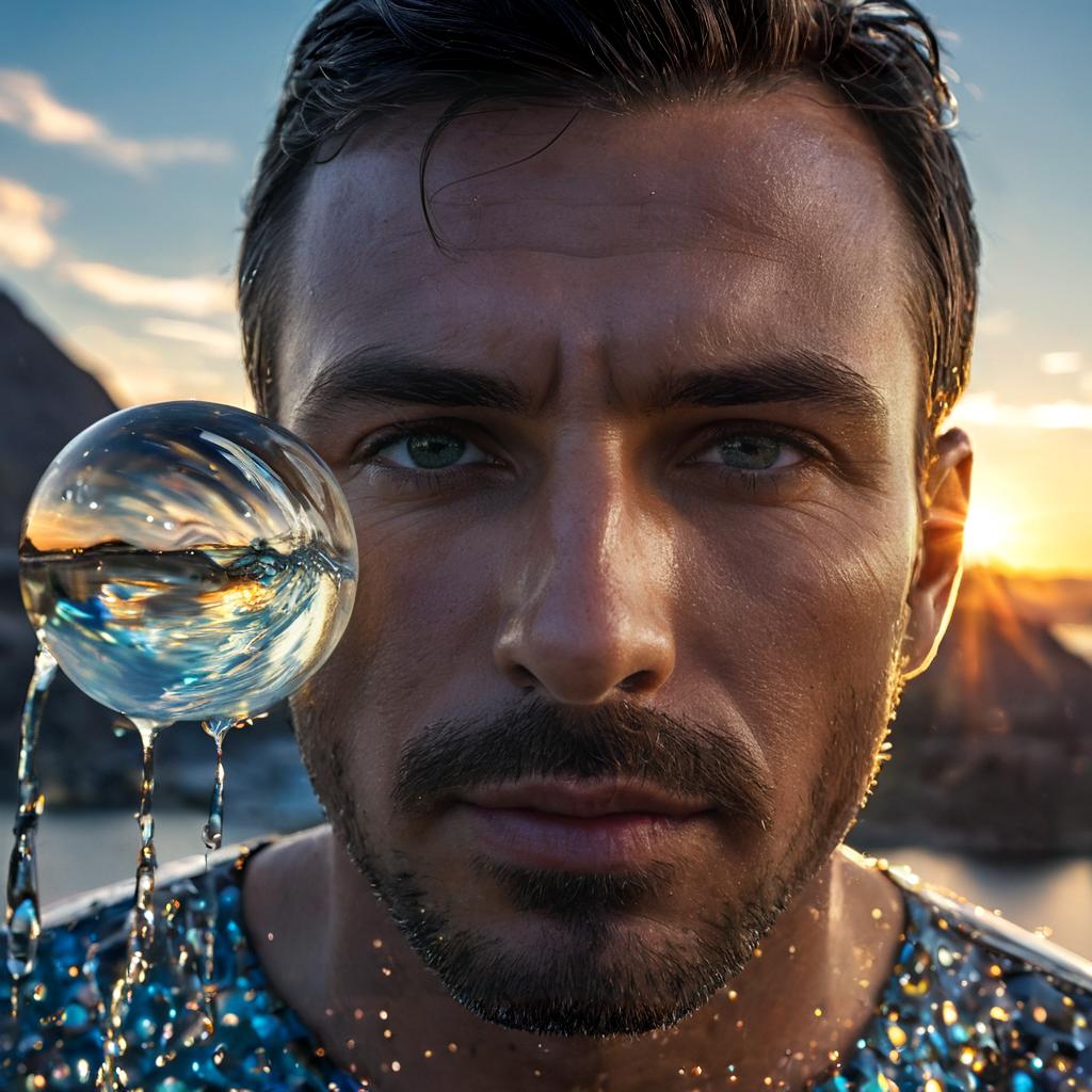 long shot scenic professional photograph of A hyperrealistic portrait of a man whose body is composed of constantly shifting liquid glass, his skin flowing and reforming into intricate, glowing patterns as it moves. His face is partially visible through the glass, but large sections are melting and reforming in real-time. His eyes are glowing orbs of liquid light, and his hair is made of flowing, molten glass that drips and reforms as it moves. Behind him, the background is a surreal, glowing landscape of flowing glass rivers and crystalline mountains, all reflecting and refracting the light in a dazzling array of colors., perfect viewpoint, highly detailed, wide-angle lens, hyper realistic, with dramatic sky, polarizing filter, natural lighting, vivid colors, everything in sharp focus, HDR, UHD, 64K