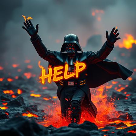 a photo of darth vader on fire in a pool of lava with arms up panicking and running with flaming text 'HELP' in flames