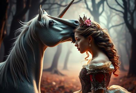 A surreal fairytale scene featuring a unicorn with a sharp, menacing horn trying to kiss a princess. The unicorn’s horn pierces the princess’s head, causing a dramatic and dark moment. The princess is wearing an elaborate gown, and her expression shows surprise and shock. The background is a magical forest with soft, ethereal lighting, but the scene is filled with tension and an eerie atmosphere. The contrast between the delicate beauty of the unicorn and the violence of the moment creates a surreal, haunting image