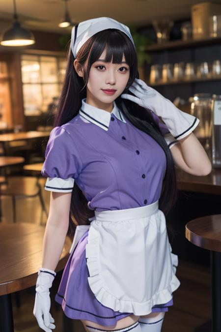 sxkft, waitress, shirt, puffy short sleeves, white waist apron, gloves,thighhighs, head scarf,  pink dress red dress blue dress purple dress yellow dress