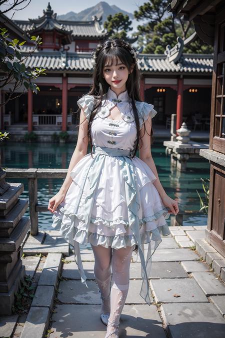 best quality, masterpiece, realistic, (photorealistic:1.4), 1girl, solo, full body, looking at viewer, smile, cns attire, white dress, pantyhose, detailed background, standing, chinese garden, water, <lora:cns_dress_style6_v2:0.7>