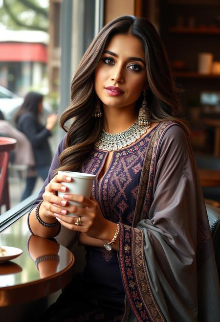 realistic photo of beautiful punjabi woman, 23 years old, mocha skin, makeup, flashing boobs, wearing a tightly fitted salwar kameez,  jhumka, rani haar, mendhi jewels,  in a cafe having a coffee.