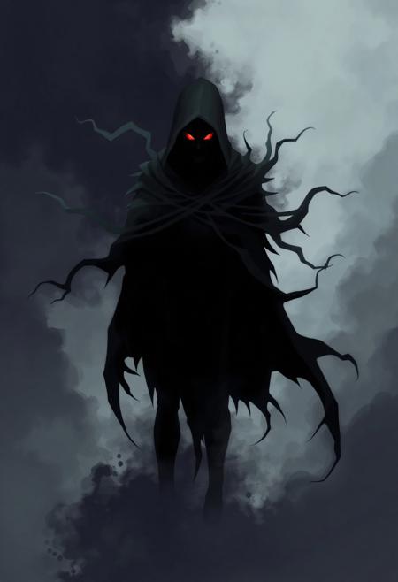 Stylized fantasy image of a deadly phantom. The phantom is wispy, made of shadow and fog with a vaguely humanoid shape and burning red eyes. It stands wreathed in shadow, fog and darkness, staring at the viewer with malice.