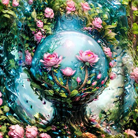 a vase filled with pink flowers sitting on top of a table, award-winning fantasy art, glass ball, mana blast, ad image, peaceful lushious forest, rendering a blue rose,  berries, kingdom of elves, detailed  n 9, within radiate connection, clean image, digital painting | intricate