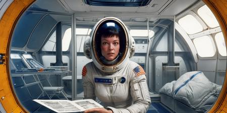 woman wearing a spacesuit with helmet, painted, (inside a spaceship:1.3), beautiful woman,  cover of a magazine, on the cover of a 1980s science fiction magazine by noriyoshi ohrai, syd mead, Robert mcguiness, focus on model, looking at viewer, (exhausted:1.3)