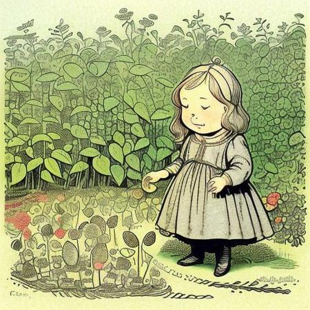 a little girl discovers a magical seed in her garden, kidbooks style