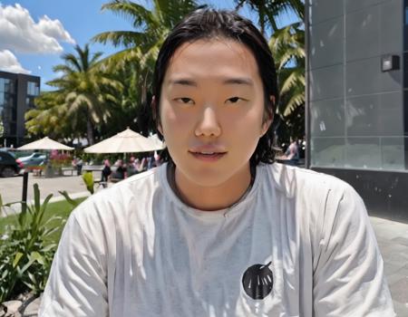 A crisp and clear scene featuring a young Asian YouTuber standing on a bustling street. This individual has a confident and energetic demeanor, typical of a content creator. They are holding a box, possibly containing merchandise or items for an unboxing video. The street setting should be vibrant, with pedestrians, shops, and city life in the background. The YouTuber's attire should be trendy and casual, reflecting their online persona. Their face should show enthusiasm, possibly hinting at the excitement of sharing the box's contents with their audience. The photograph's quality should be of high resolution, ensuring every detail, from the YouTuber to the box and the surrounding environment, is captured with sharpness and clarity.,<lora:onedarll:0.75>