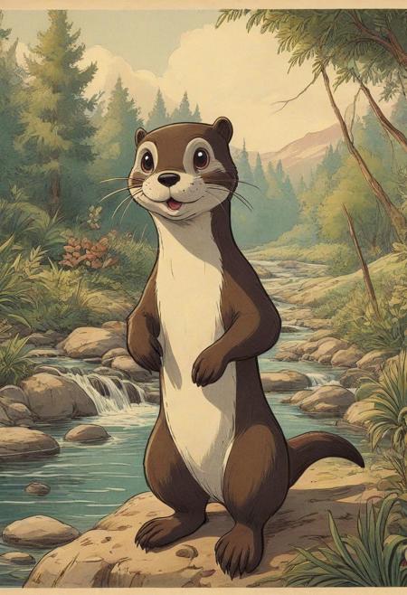 Cartoon otter, playful, quirky, 1940's cartoon, vintage cartoon, beautiful, detailed, outdoor creek