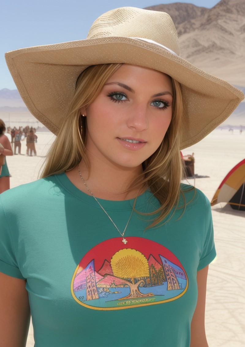 teagan_presley, close-up portrait of a woman standing in the burning man desert wearing a shirt and brown flat brim hat. B...