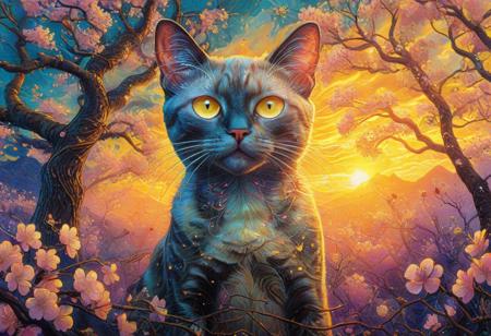 PsychadelicChaos, absurdres, high resolution, detailed, stylized by Alex Ross, Marc Silvestri, photograph, close up of a In a surreal landscape, the iconic Siamese Cat psychadeliced in a vibrant Enticing Yellow psychadelic is seen in front of a backdrop of cherry blossom flowers. at Sunset, Light, Gadgetpunk, Cold Lighting, Kodak portra 800, 80mm, One Color, <lora:Upgraders\Detail Tweaker XL:1.0>, <lora:Challenge\aidmaPsychadelicChaosWorldMorphXL-V0.1:1.0>