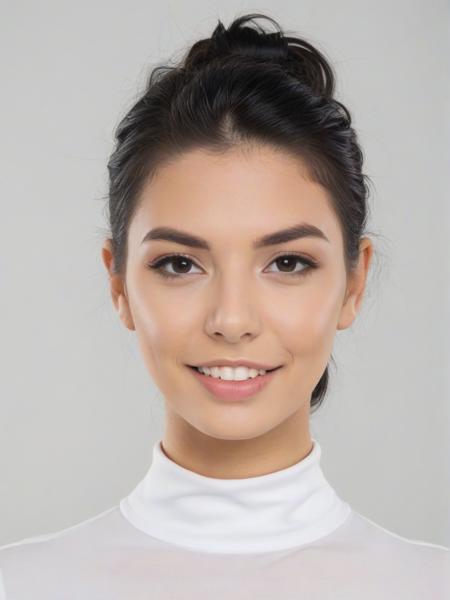 Portrait photo of g1n4v4l3ntn4, black turtleneck blouse, white background, face slight smiling, short undercut hairstyle