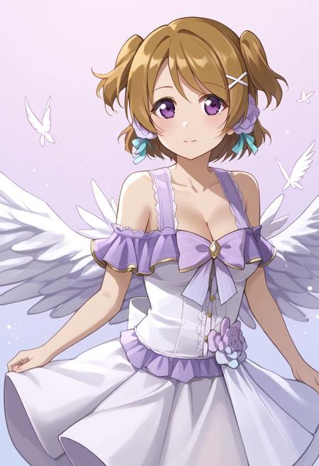 koizumi hanayo, whiteday short hair, brown hair, two side up, purple eyes, white dress, bare shoulders, cleavage, angel wings, flower, ribbon, bow barefoot, leg warmers