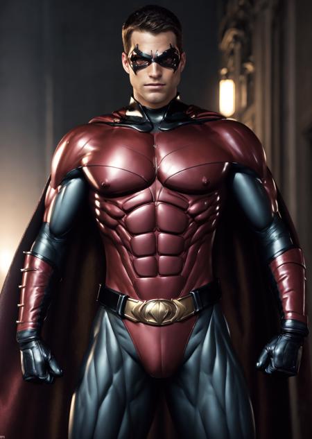 ((best quality)), ((masterpiece)), ((realistic)), (detailed)
muscular boy, narrow waist,  Slim waist, shiny latex bodysuit, gloves,  
1 boy, 
bulgej8, bara, brown eyes, arm up, stand, (versus), robin, black crotch, red cape, gloves, Cape, mask2, muscled outfit black, br, nipples, black belt, brown hair, short hair, gloves, <lora:Robin:1>