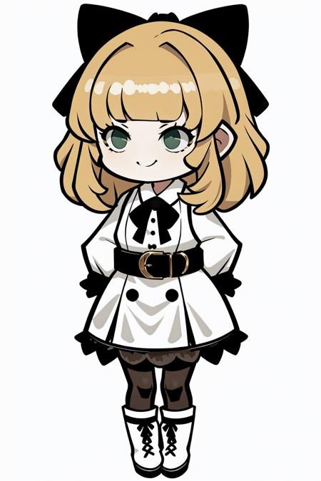 <lora:clear_LibraryofRuina-fight:1>, 1girl, solo, green eyes, pantyhose, dress, full body, bow, brown hair, black pantyhose, white background, shirt, long sleeves, hair bow, looking at viewer, smile, white shirt, boots, simple background, ribbon, virtual youtuber, bangs, standing, pinafore dress, white footwear, belt, white bow, neck ribbon, black ribbon, grey dress, white ribbon, closed mouth, cross-laced footwear, collared shirt, sleeveless dress, medium hair, sleeveless, black bow, plaid