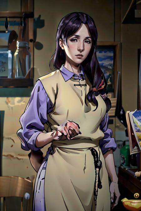 (masterpiece:1.4),(best quality:1.4),(absurdres:1.4),pin-up,okasan_Garo_aiwaifu,brown eyes,shirt ,large breasts, wide hips, purple hair ,apron,low-tied long hair ,collared shirt ,dress ,lips ,hair over shoulder,(absurdres, highres, incredibly_absurdres:1.4),scenery,masterpiece,