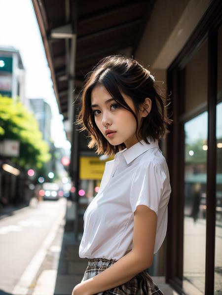 BJ_Street-photo,1girl,solo,looking_at_viewer,short_hair,skirt,brown_hair,shirt,black_hair,brown_eyes,jewelry,standing,white_shirt,short_sleeves,outdoors,sky,day,blurry,bracelet,lips,plaid,depth_of_field,blurry_background,plaid_skirt,building,realistic,arms_at_sides,road,power_lines,street,
cinematic lighting,strong contrast,high level of detail,Best quality,masterpiece,White background,