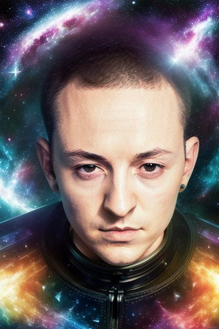 a man, 25 year old, 27 year old, [short buzzed hair, buzzcut], <lora:chester:1>, floating in space, (galaxies and nebulae), stars in the sky, perfect face, clear eyes, performing in outter space, looking at camera, midnight, surreal atmosphere, raw, 8K, uhd, masterpiece, nu-metal, green glowing skies