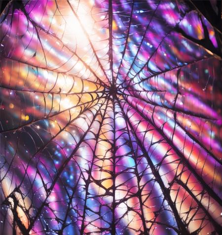 no humans, spider web, sun, sky, fence, scenery, stained glass, lens flare, chain-link fence  <lora:spiderWeb:0.8>