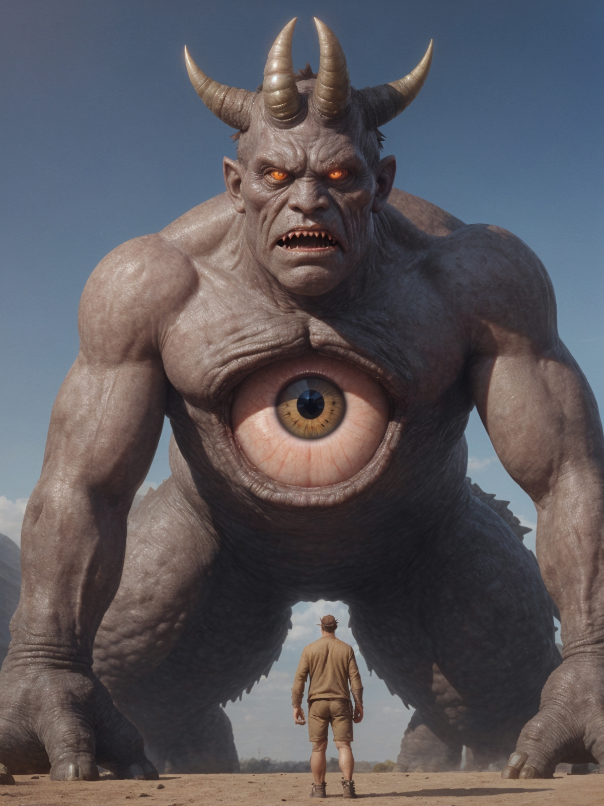 Man standing in front of a monster with horns and an eye.