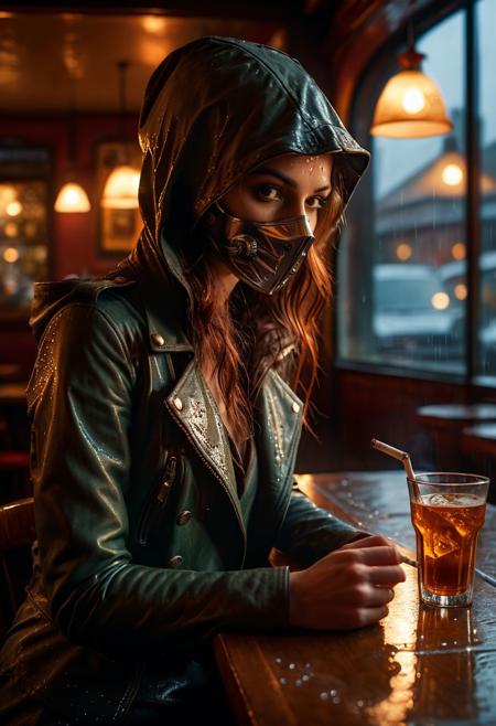 Ultra-high quality, extremely detailed, photography, irishlacepunk, glooming fantasy light, cigarette smog in bar, a liquid mercury in fullkybermask covered with liquid ripples and in flashes of electrical discharges of lightning under deep dark Hood with a dull look, high boots, realistic detailed skin texture, matte skin pores, looking into the camera deep under her hood,
  the through the rain outside the window, the muted evening backlight from the foggy window, dim evening backlight from the window in a beautiful cafe. (full body), giper deteiled, cinematic realism. highly detailed, extremely high quality image, HDR, Complex Details Showing Unique and Enchanting Elements, Very Detailed Digital Painting, Dramatic Lighting, Very Realistic, real photo quality, depth of field, 8K resolution, REALISTIC, Masterpiece, photorealistic,