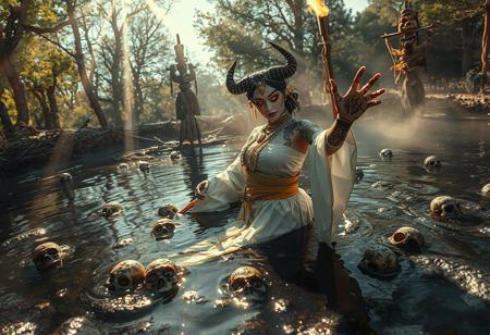 It's daylight. Sunlight shoots rays through the trees around the pond of bubbling tar. In the center is a robotic geisha demon with glowing eyes halfway submerged in the tar. Small skulls are barely floating around in the thick tar and the demon is dancing seductively to lure you in. The photo is taken from the tar surface looking up, and she reaches out for you with one hand. Her face is without emotion and her eyes scream danger. Her dress is white and gold, lots of jewelry and golden chains, and her head is crowned with horns. She has henna tattoos over her arms with mysterious symbols. You must resist her temptation... 
In the background, there are totems made from sticks and rope. A torch burns at the top. There's a layer of mist and dust in the air.