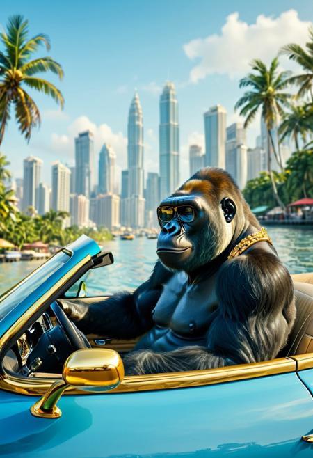 A filmic shot captures a gorilla, adorned with luxurious gold jewelry, driving a sleek blue automobile. Equipped with sunglasses and gripping the steering wheel, the primate maneuvers the vehicle. The backdrop showcases a tranquil expanse of water, a distant city skyline with towering skyscrapers, and a palm tree on the right, hinting at a tropical or coastal locale. The composition exudes a cinematic quality, evoking a dramatic and atmospheric ambience.