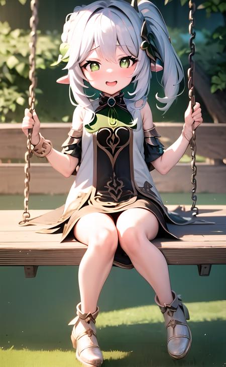 anime girl  <lora:NahidaV2:1>, nahida, nahida \(genshin impact\), short side pony tail, full body, cinematic lighting, best quality, masterpiece, cute smile, blushing, sitting on a swing, swinging on a swing