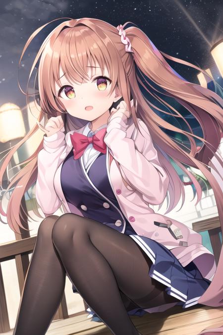 masterpiece, best quality, <lora:himenosena:0.8>, glowing eyes, 1girl, school uniform, pantyhose, ponytail, night sky, best quality hands,