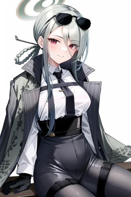 <lora:Konoe Minav2 :0.8>, konoe mina, 1girl, solo, long hair, breasts, red eyes, closed mouth, white shirt, braid, grey hair, necktie, collared shirt, coat, halo, sunglasses, black necktie, eyewear on head, asymmetrical bangs, simple background, cowboy shot, smile, sitting, black gloves