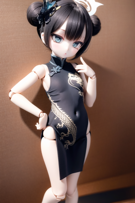 <lora:Kisaki-05:1> 
1girl, kisaki, halo, hair bun, twintails, hair ornament
china dress, sleeveless, standing, hand on hip, doll joints<lora:DollfieNAI-05:1>