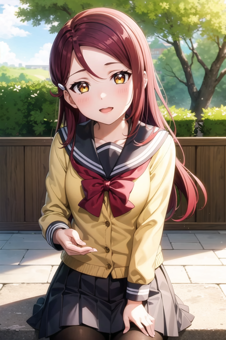 (masterpiece, best quality, ultra-detailed), (illustration), (beautiful detailed eyes), (1girl), (solo), sakurauchi riko, red hair, yellow eyes, long hair, hairclip,  <lyco:RikoLL_v1-02:0.55>,  outdoors, looking at viewer, school uniform, uranohoshi school uniform, yellow cardigan, pleated skirt, gray skirt, red bow,  pantyhose, long sleeves, serafuku, sailor collar,