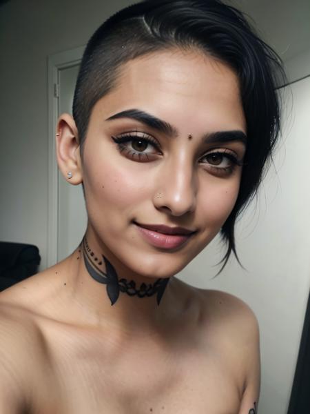 grainy vintage low res faded polaroid selfie photo, 27 year old desi woman, solo, buzz cut,soft skin, dark eye_makeup, smiling, eyeliner, emo, emo makeup, goth, tattoos, anatomically accurate <lora:Desi_Coffee_V3_SD15_LoRA_prodigy_local_regs:0.8>