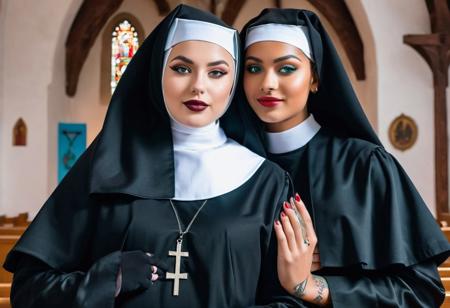 (RAW photo, subject, 8k uhd, dslr, soft lighting, high quality, film grain, Fujifilm XT3, masterpiece, best quality, extremely detailed photograph, volumatic light, ray tracing,, extremely detailed 8k wallpaper),   abstract fashion portrait of (two sexy nuns :2.0) and a priest, (a cute  24yo german woman and a beautiful  23yo african girl, very long (light:2.0) white or brown or black skin, dressed as sexy nuns, dressed in latex, clear blue or green or black eyes, short or long light blond or very  long black  straigt or wavey or curly hair with undercut hairstyle, chin bangs, dread hairstyle, braid hairstyle, very (big:1.8) or very (big:2.0) , perky tits, perfect hourglass figure, delicate face and eyes, (glasses:0.8), (glossy:1.6) (pink or red or dark red or orange or blue or black or green or rainbow lips), painted nails, navel piercing, nose piercing, (tattoos:2.0), sexy pose), in church, colorful spot light, unreal colors, look at viewer, smile, kiss,