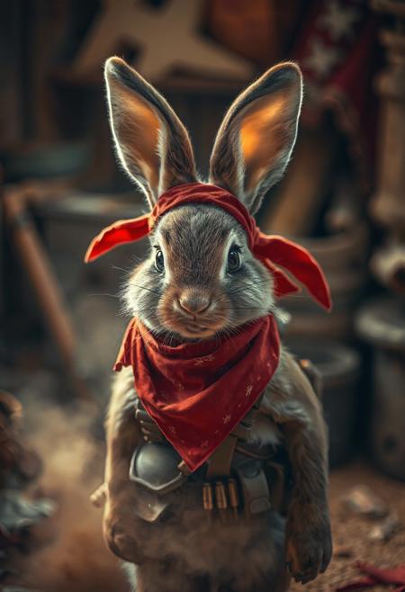 A high quality photo of a battle bunny with ammo belts and red bandana. dust in the air, effortlessly chic, beautiful, artistic, serene, detailed, slightly cluttered environment. High detail, heavy use of depth of field, 4k, super realistic, real photo, shot on Canon, camera, orange dreamy lighting, muted colors, zoomed out,
