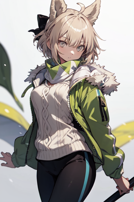 OkitaSoujiDP, 1girl, animal ears, solo, blonde hair, short hair, ahoge, green jacket, white sweater, hair bow, scarf, fur-trimmed jacket, open jacket, black pants, black bow, long sleeves, medium breasts, yellow eyes, grey eyes, 