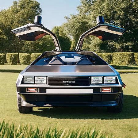 front photo of a DeLorean car, with doors open, parked on grass, beautiful reflections, sunny day, in crpht-4300 photography style, symmetrical