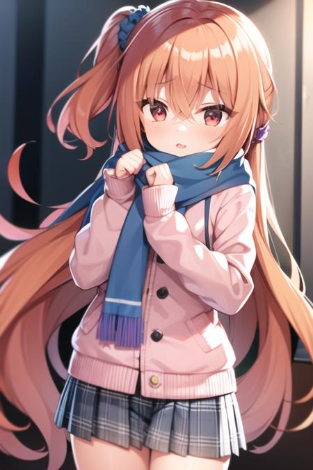 1girl,orange hair, red hair, red eyes, pink eyes, long hair, hair between eyes, scrunchie, very long hair,blue scrunchie, hair scrunchie, one side up, pink jacket, scarf, multicolored jacket,