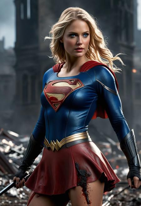 High resolution ultra-realistic of beautiful Supergirl with wavy blonde hair, Greg Rutkowski, Intricately Designed Handsome dirty bloody face, Realistic beautiful blue eyes, Atrractive 21 years old woman, clad in intricate dirty torn combat costume, red mini skirt, blood-smeared, DC Comics elements, Standing on the battlefield in the bloody carnage, burning ruins of buildings, fighting pose, full body, Intricately Designed combat costume, 8K, ultra-realistic body, Beautiful Warrior Supergirl with wavy blonde hair, realistic dirty and bloody face, realistic beautiful blue eyes, defiant and seductive, covered in dirt and blood, Cinematic Lighting, sharp focus, digital painting, Photograph Taken on Nikon D750, Alphonse Mucha, 8K, athletic figure, Hyperdetailed, hyperrealism