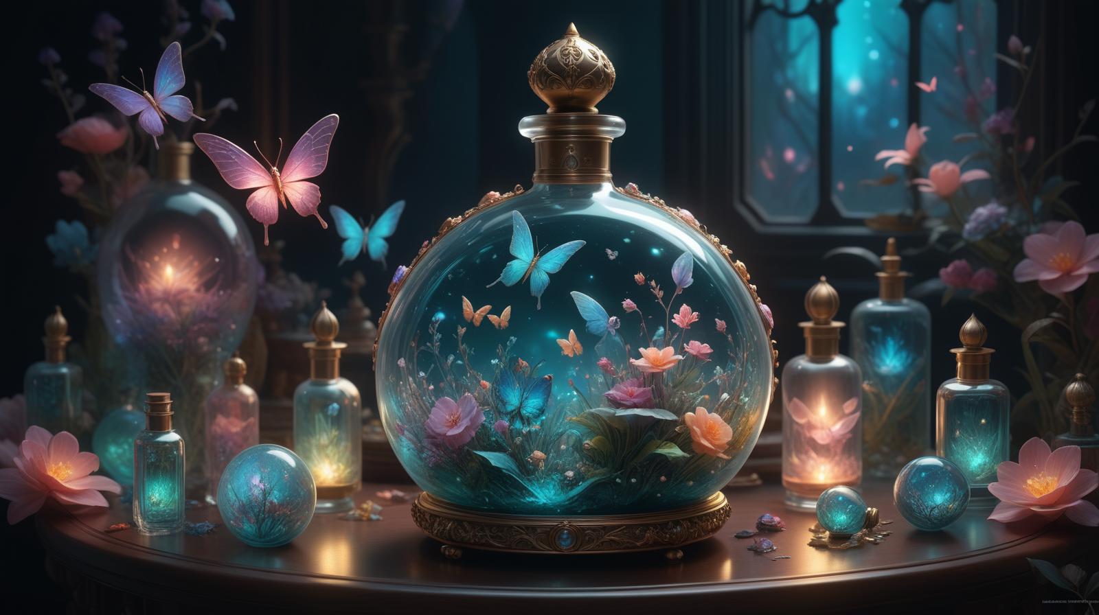 Intricate gorgeous detailed bioluminescent magical and dreamy fairy perfume bottle, breathtaking borderland fantasycore artwork by Android Jones, Jean Baptiste monge, Alberto Seveso, Erin Hanson, Jeremy Mann. maximalist highly detailed and intricate professional_photography, a masterpiece, 8k resolution concept art, Artstation, triadic colors, Unreal Engine 5, cgsociety