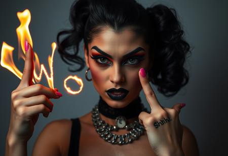 A very young drag queen girl with black makeup and pink nails, looking like she just failed something, shaking her head, drawing the letters "Woke" using flames, in the air, with a finger, on that finger have a tattoo "Shhhh!" photo by helmut newton