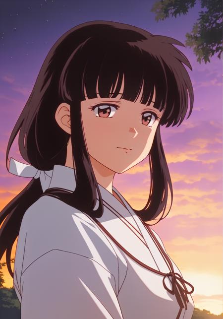 Kikyo, (((brown eyes))), black hair, full body, photorealistic, (hyperrealistic:1.2), perfect eyes, perfect face, perfect lighting, outdoors, warm colors, dark purple sky, happy, village at sunrise,