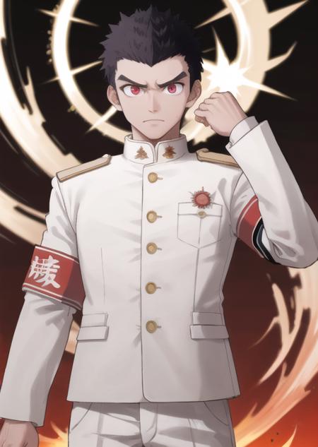 masterpiece, best quality, <lora:kiyotan_vB:0.42>, 1boy, thick eyebrows, red eyes, very short hair, white jacket, white_pants, long sleeves, armband, sun