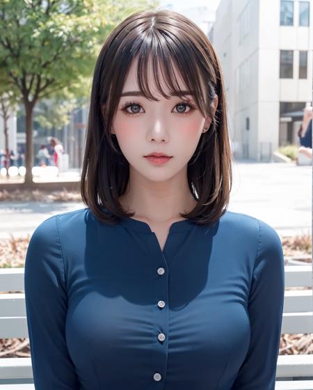 pureerosface_v1:0.03, best quality, photorealistic, 8k, high res, full color, 1girl, woman, 20 years old woman, (closed mouth:1.73), (skindentation), (portrait:0.6), trees, park bench, daylight, ((park background:1.52)), full color, ((whitecollar,shirt buttonedblueshirt:1.58)), looking at viewer:1.8, (1girl eyes looking at viewer:1.55), (medium hair, brownhair, sweptbangs:1.45), (bokeh), <lora:AAV-miru:0.54>