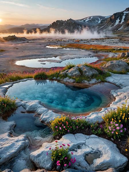 Breathtaking photography. A field of geothermal springs. Misty dawn with soft light. A rocky outcrop with wildflowers in foreground.  Wide, barren tundra with sparse vegetation  in background. Award-winning, professional, highly detailed.  <lora:MJ52:0.5> <lora:RMSDXL_Darkness_Cinema:1> (HDR (High Dynamic Range), vibrant colors, high contrast, detailed, UltraHD, 8K, cinematic, 80mm, high detail)