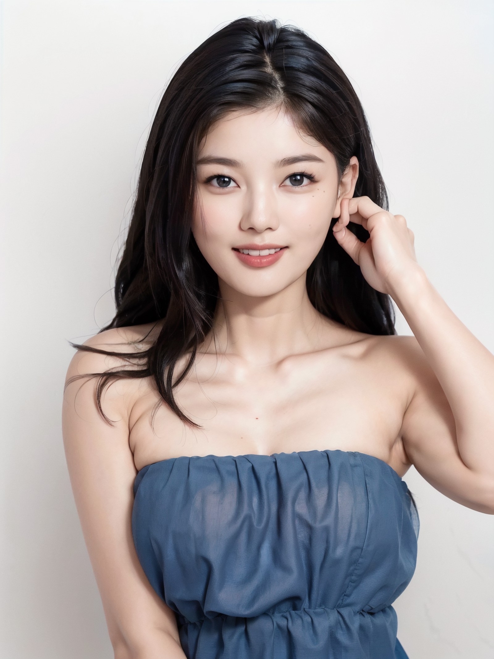 KYJung, bare shoulders, strapless (blue dress:1.3), lips parted, mouth parted, teeth, looking at viewer, upper body (simpl...