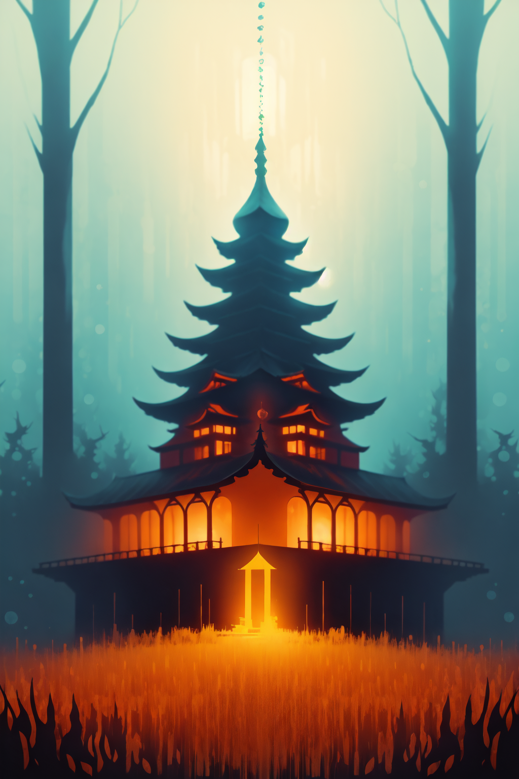 <lora:Sy:0.9> close up, forest with a shining temple, sy3 art style