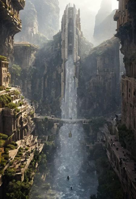 POV view , DOF,
(Ancient civilization, Alien Prometheus movie scene, dune movie scene:1.5), (The colonial city of the future, in the mist-filled Grand Canyon, on an unknown Earth-like planet, 2 moon on sky, Spaceship flight connects colonies, waterfulls:1.3), (Machu Picchu, a mountain settlement, incredibly spectacular:1.2), (Mario Botta:1.3), (avant-garde, future, reality, science fiction, photorealistic), (modern architecture:1.2), White limestone with black granite, fountain, waterfall, landmark, square, path, narrow street,
(Large Files, Ultra Realistic, 8K, 16k, FHD, HD, VFX, Perfect, Photography, composition, Architecture Sales Photography, Architecture Competition, Ultra High Resolution, Cinematography, High Resolution Image:1.1), (dramatic lighting, direct sunlight, ray tracing, clear shadow:1.2),  (real landscape:1.1), (blurred background:1.0), (urban background, more_details) ,
great lighting, clear, hillscastel, <stardeaf-cold-arc>, xtower, industrialbuilding